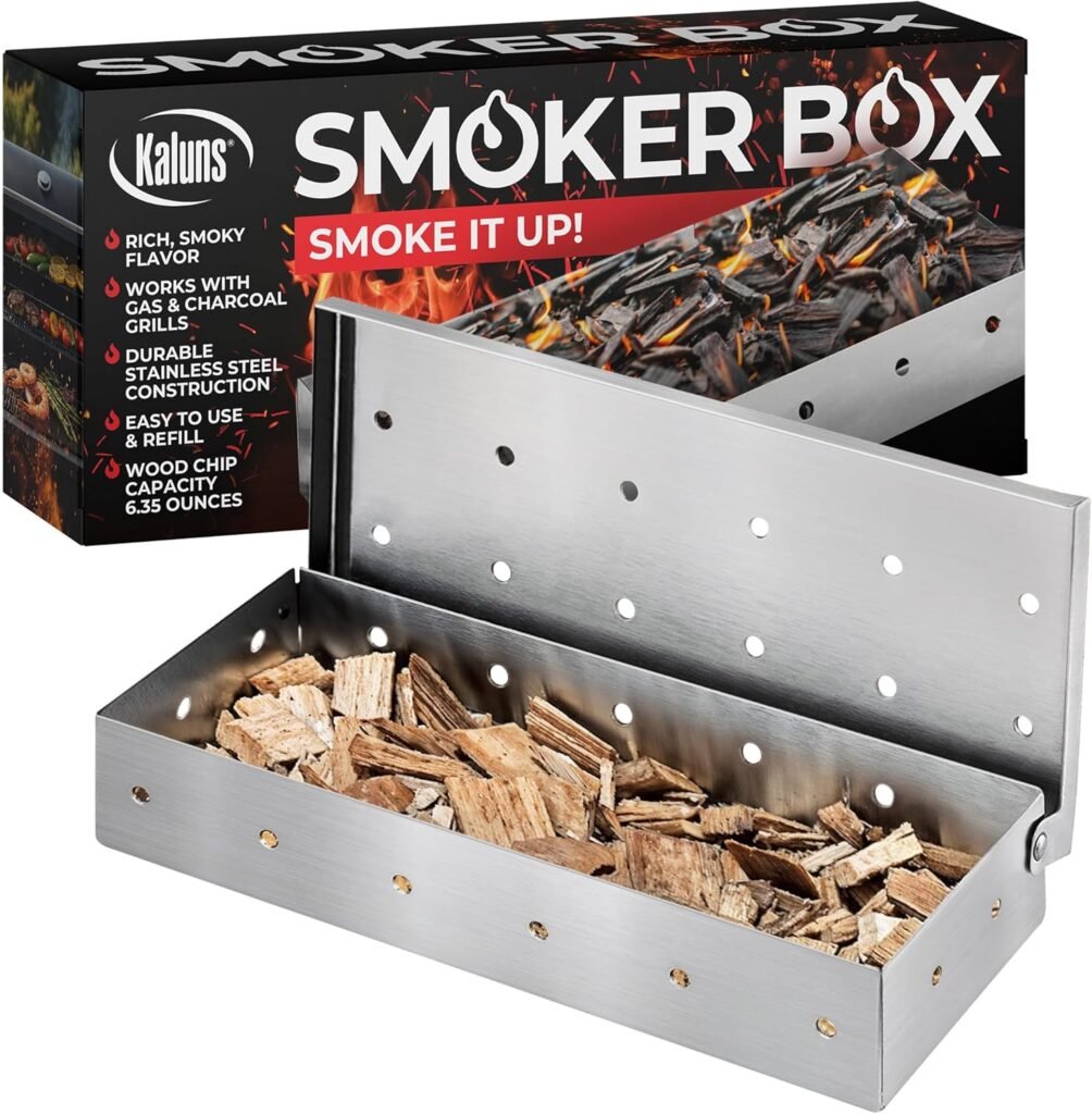 Kaluns Smoker Box For Gas Grill or Charcoal Grill, Stainless Steel Smoke Box, Works with Wood Chips, Add Smoked BBQ Flavor, Hinged Lid,Warp Free Grill Accessories